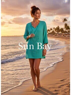 Sun Bay Turquoise Cotton Tunic With Palm Tree Embroidery & Drawstring Neckline